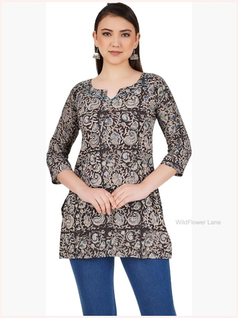 Hand Block Printed Cotton Tunic Top 3/4 Sleeve V-Neck Kurta